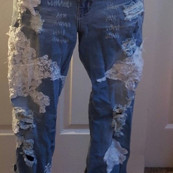 CUSTOM Boho Festival Beaded Lace Destroyed Jeans - Picture 3 of 9